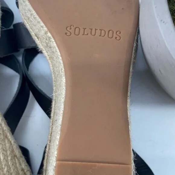 Soludos Women's Charlotte Leather Wedge Espadrille Sandal Black Tan Size 8.5