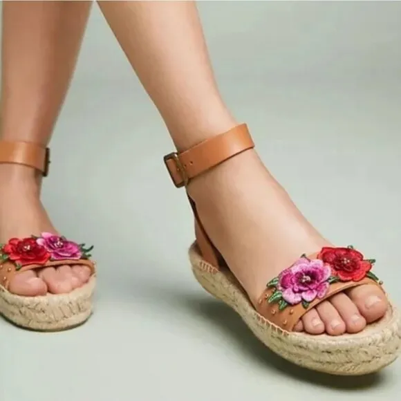 Soludos x Anthropologie Bahia Jute Espadrille Leather Sandal 9.5 Floral Platform