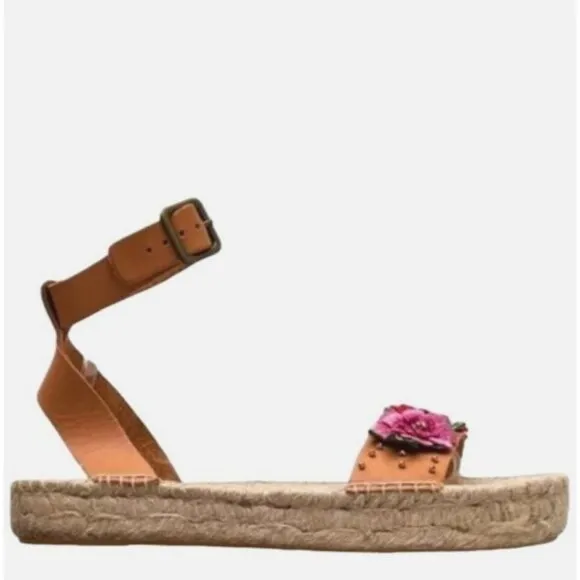 Soludos x Anthropologie Bahia Jute Espadrille Leather Sandal 9.5 Floral Platform