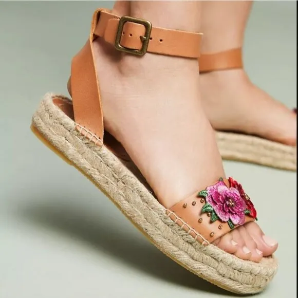 Soludos x Anthropologie Bahia Jute Espadrille Leather Sandal 9.5 Floral Platform