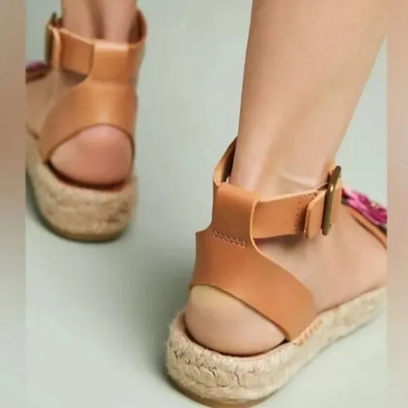 Soludos x Anthropologie Bahia Jute Espadrille Leather Sandal 9.5 Floral Platform