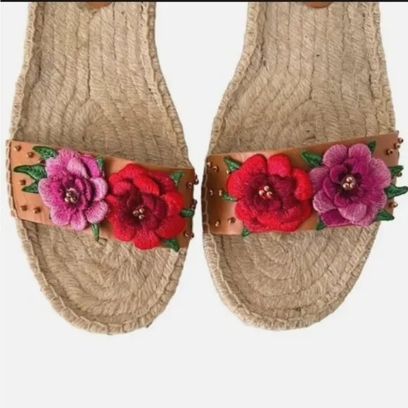 Soludos x Anthropologie Bahia Jute Espadrille Leather Sandal 9.5 Floral Platform