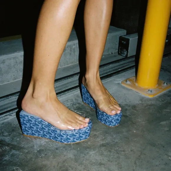 Sooki La La The Rocky La La Clear Slip On Blue Logo Platform Wedge Sandals