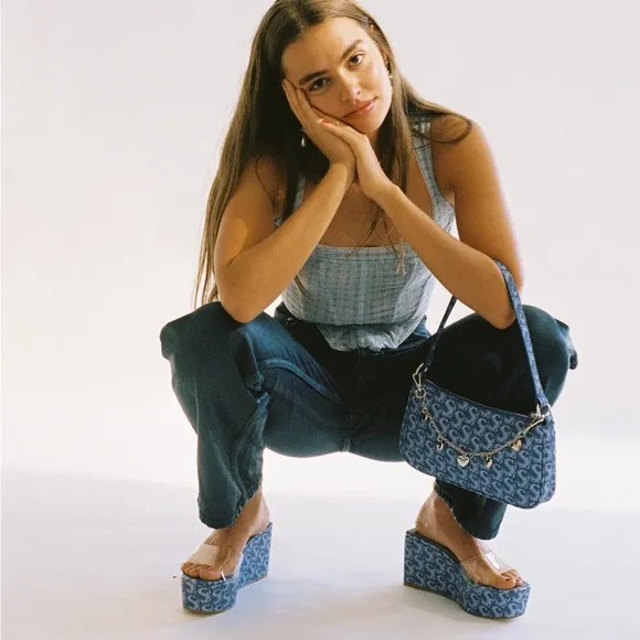 Sooki La La The Rocky La La Clear Slip On Blue Logo Platform Wedge Sandals