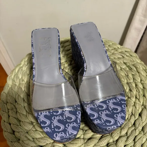 Sooki La La The Rocky La La Clear Slip On Blue Logo Platform Wedge Sandals