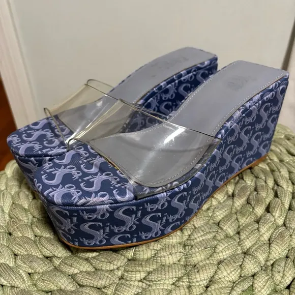 Sooki La La The Rocky La La Clear Slip On Blue Logo Platform Wedge Sandals