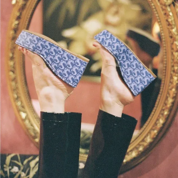 Sooki La La The Rocky La La Clear Slip On Blue Logo Platform Wedge Sandals