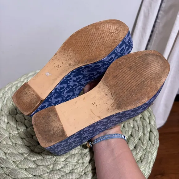 Sooki La La The Rocky La La Clear Slip On Blue Logo Platform Wedge Sandals