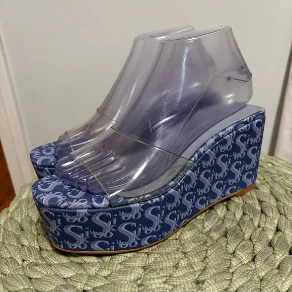 Sooki La La The Rocky La La Clear Slip On Blue Logo Platform Wedge Sandals