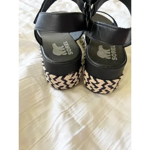 Sorel Black Ankle Strap Platform Sandals Patterned Sole US 10