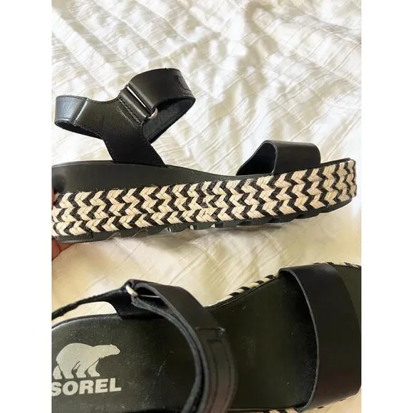 Sorel Black Ankle Strap Platform Sandals Patterned Sole US 10