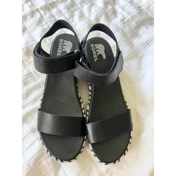 Sorel Black Ankle Strap Platform Sandals Patterned Sole US 10