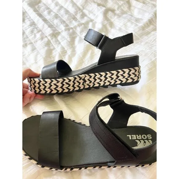 Sorel Black Ankle Strap Platform Sandals Patterned Sole US 10
