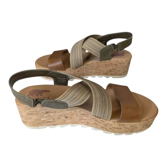 Sorel Cameron Slingback Leather Wedge Flatform Cork Sole Comfort Sandals Olive 9