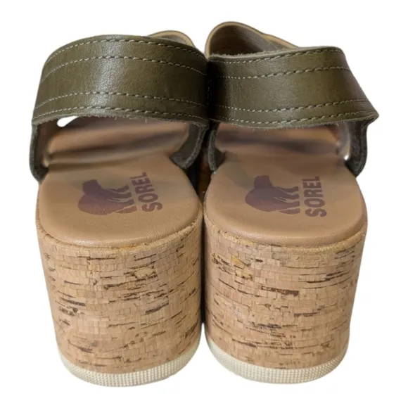 Sorel Cameron Slingback Leather Wedge Flatform Cork Sole Comfort Sandals Olive 9