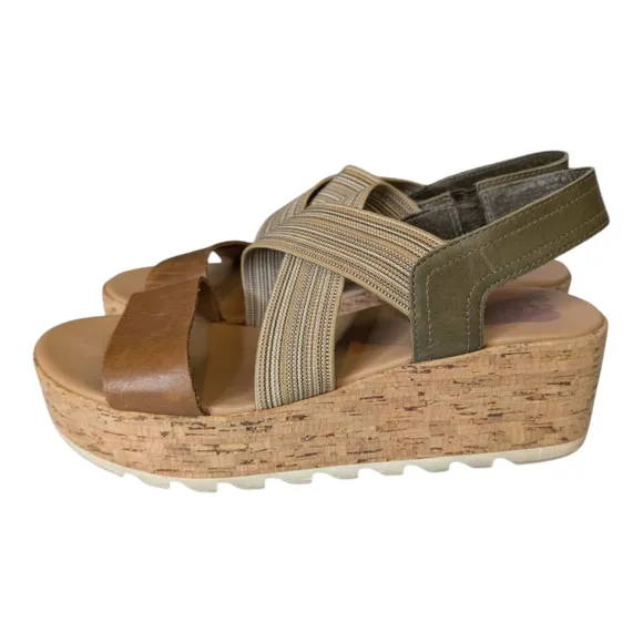 Sorel Cameron Slingback Leather Wedge Flatform Cork Sole Comfort Sandals Olive 9