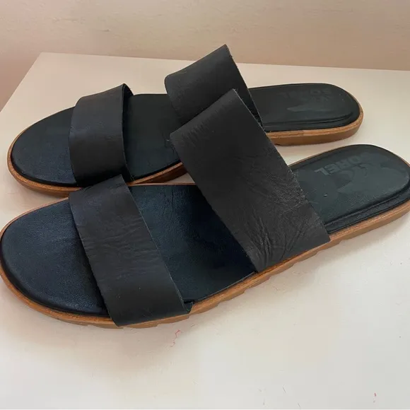 Sorel Ella II Slide Black Leather Sandal Slip-on Summer Shoes 10