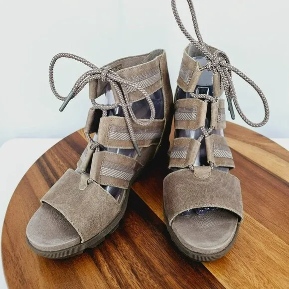 Sorel Joanie II Wedge Sandals 11 Lace Up Ash Brown Taupe NL3272-240 Leather Boho