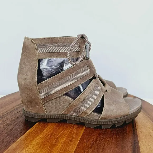 Sorel Joanie II Wedge Sandals 11 Lace Up Ash Brown Taupe NL3272-240 Leather Boho