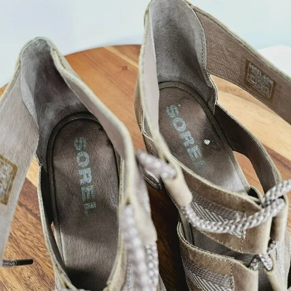 Sorel Joanie II Wedge Sandals 11 Lace Up Ash Brown Taupe NL3272-240 Leather Boho