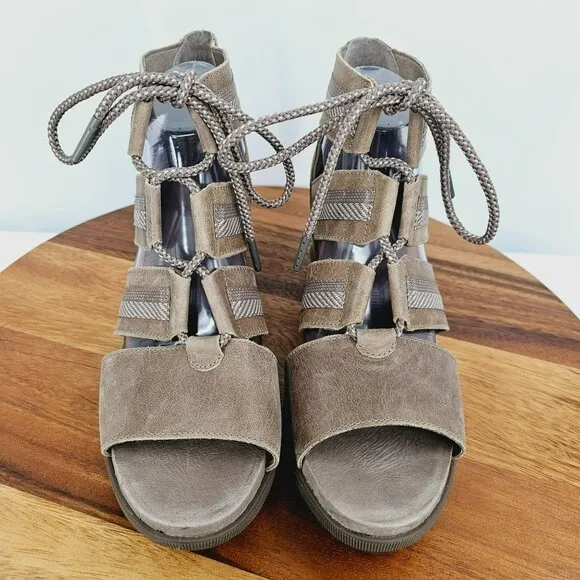 Sorel Joanie II Wedge Sandals 11 Lace Up Ash Brown Taupe NL3272-240 Leather Boho