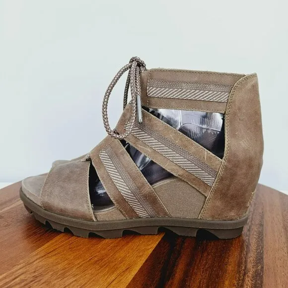 Sorel Joanie II Wedge Sandals 11 Lace Up Ash Brown Taupe NL3272-240 Leather Boho