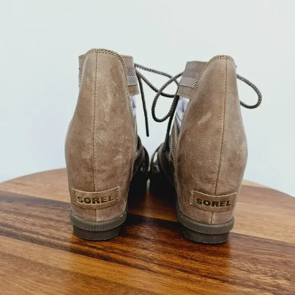 Sorel Joanie II Wedge Sandals 11 Lace Up Ash Brown Taupe NL3272-240 Leather Boho