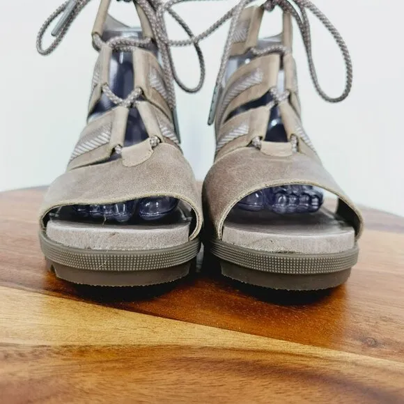 Sorel Joanie II Wedge Sandals 11 Lace Up Ash Brown Taupe NL3272-240 Leather Boho