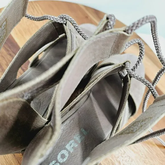Sorel Joanie II Wedge Sandals 11 Lace Up Ash Brown Taupe NL3272-240 Leather Boho