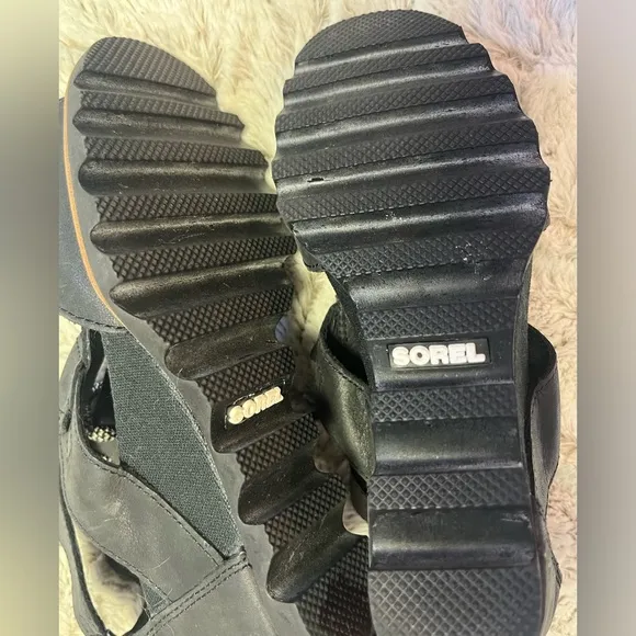 SOREL Joanie Wedge Heel Lace Up Open Toe Sandals Black Suede Comfort ChicSize 8