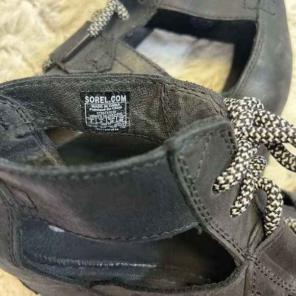 SOREL Joanie Wedge Heel Lace Up Open Toe Sandals Black Suede Comfort ChicSize 8