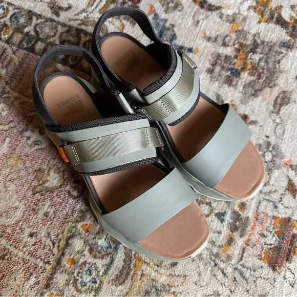 Sorel Kinetic Impact Sage Green Black Cream Orange Chunky Platform Sandals
