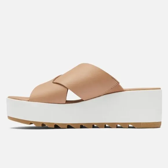 Sorel Platform Leather Sandals Tan/White 'Cameron Flatform Wedge&quot; Size 10.5 NWT