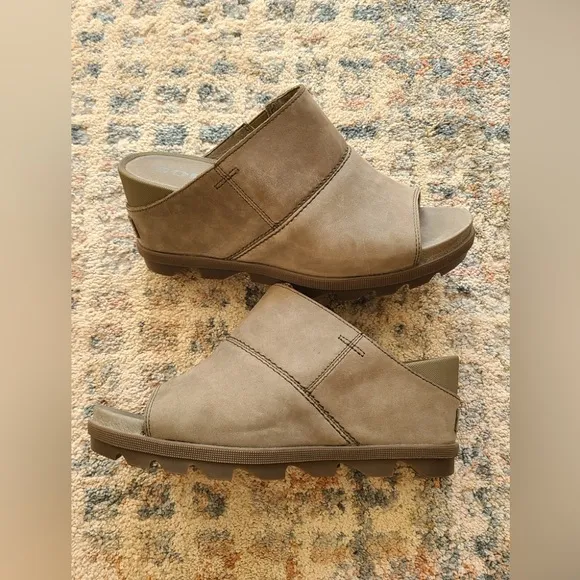 Sorel Wedge Mule Sandal Open Toe Gray Suede Lug Sole Slide Slip-On Shoes Size 10