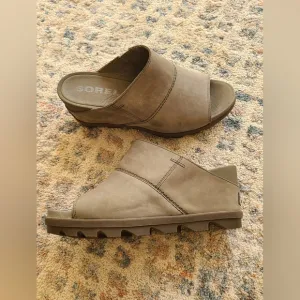 Sorel Wedge Mule Sandal Open Toe Gray Suede Lug Sole Slide Slip-On Shoes Size 10