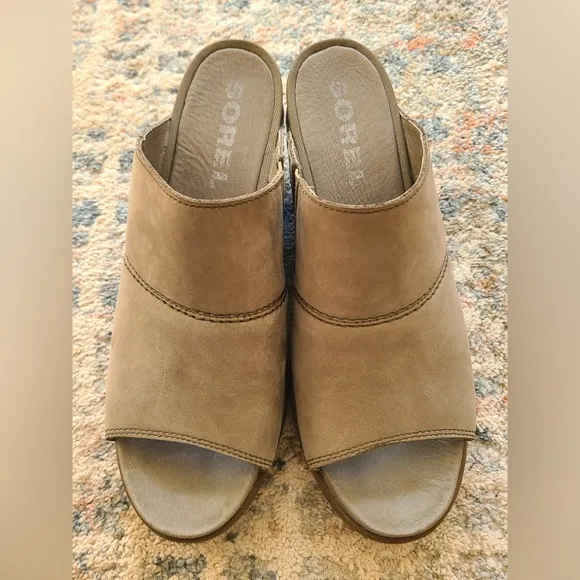Sorel Wedge Mule Sandal Open Toe Gray Suede Lug Sole Slide Slip-On Shoes Size 10