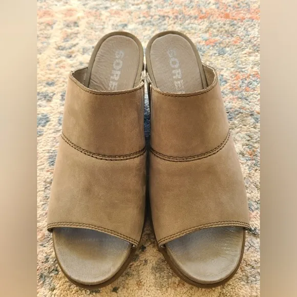 Sorel Wedge Mule Sandal Open Toe Gray Suede Lug Sole Slide Slip-On Shoes Size 10