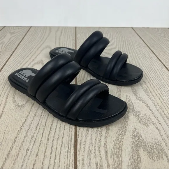 Sorel Women's Ella II Puff Slide Sandals US7.5 Black &amp; Sea Salt $85