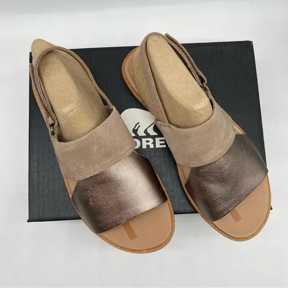 Sorel Women's Ella II Slingback flat Sandals in Ash Brown, Chalk Size 6 NEW