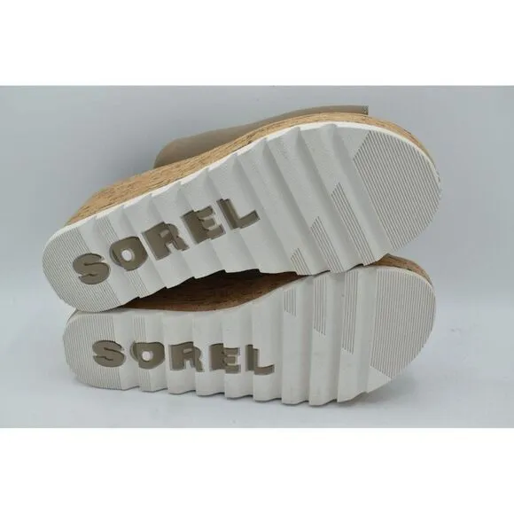 Sorel Womens Size 10.5 Cameron Wedge Mule Leather Taupe Slip on Platform Sandals