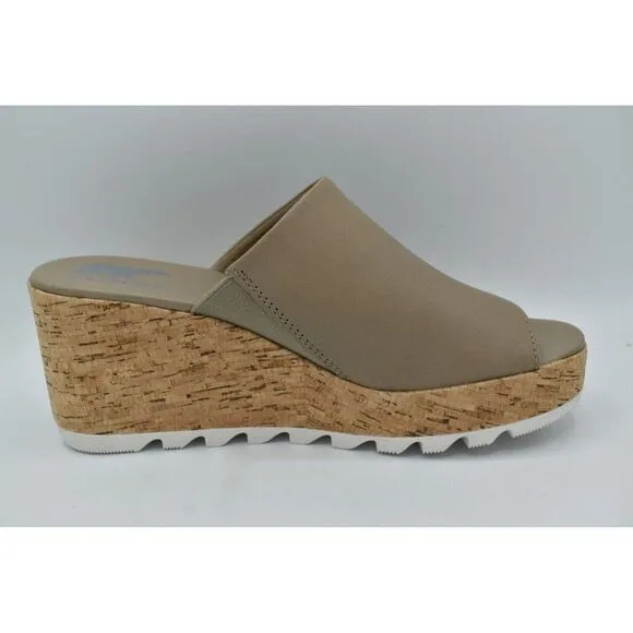 Sorel Womens Size 10.5 Cameron Wedge Mule Leather Taupe Slip on Platform Sandals