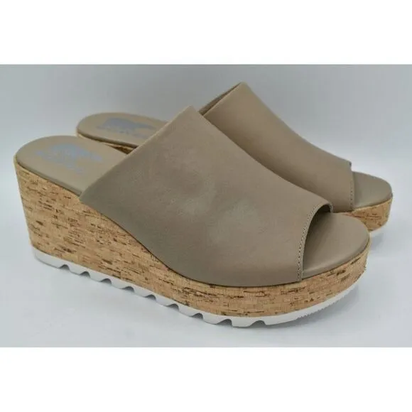 Sorel Womens Size 10.5 Cameron Wedge Mule Leather Taupe Slip on Platform Sandals