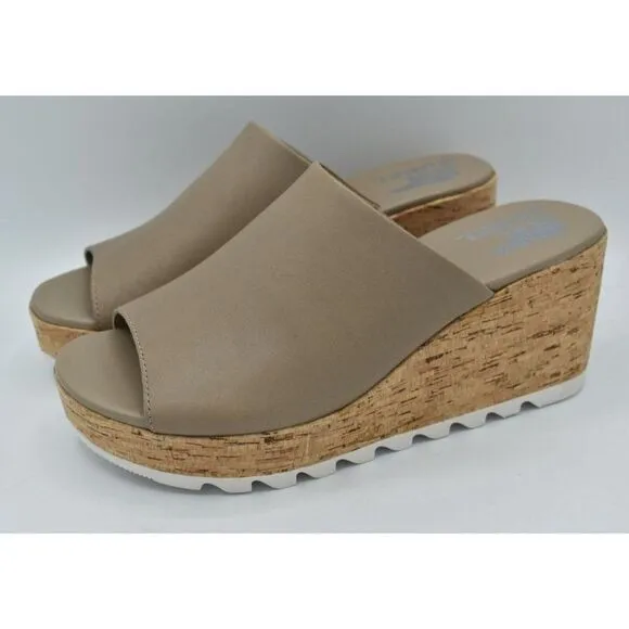 Sorel Womens Size 10.5 Cameron Wedge Mule Leather Taupe Slip on Platform Sandals