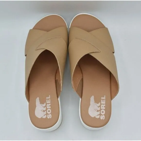 Sorel Womens Size 9.5 Cameron Flatform Wedge Beige Sea Salt Leather Sandals