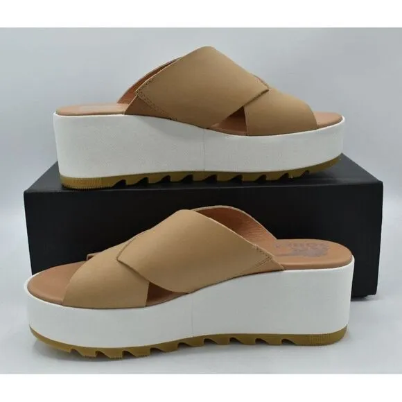 Sorel Womens Size 9.5 Cameron Flatform Wedge Beige Sea Salt Leather Sandals