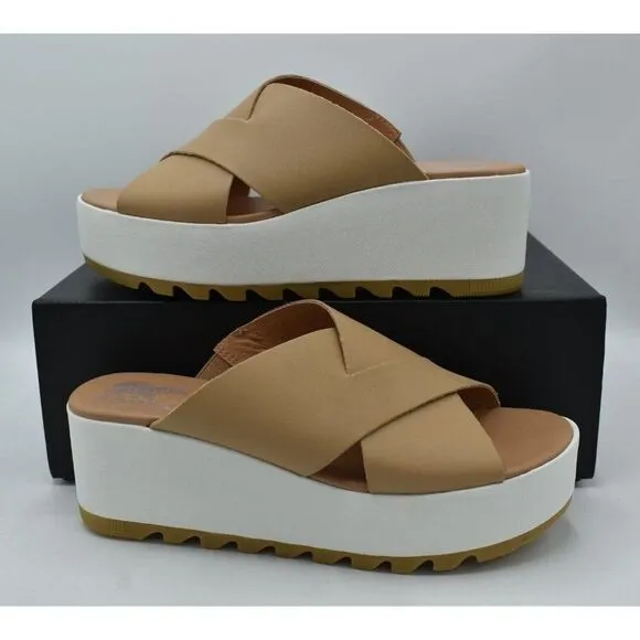 Sorel Womens Size 9.5 Cameron Flatform Wedge Beige Sea Salt Leather Sandals