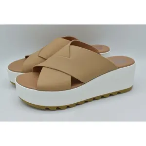 Sorel Womens Size 9.5 Cameron Flatform Wedge Beige Sea Salt Leather Sandals