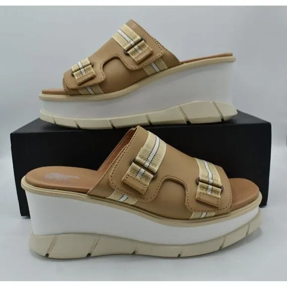 Sorel Women Size 10 Joanie III Beige Chalk Wedge Slide Leather Platform Sandals