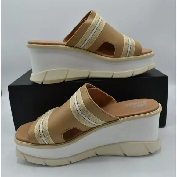 Sorel Women Size 10 Joanie III Beige Chalk Wedge Slide Leather Platform Sandals