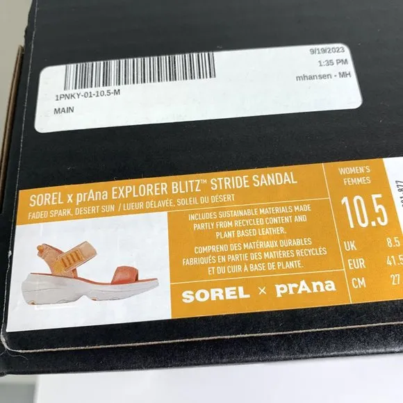 Sorel x prAna Explorer Blitz Stride Sandals Vegan Leather Desert Sun Size 10.5